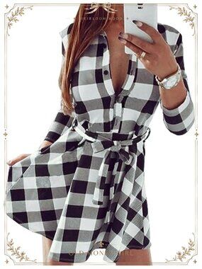 FANCYINN Long Sleeve Plaid Tunic Shirt Dress Button Down Casual Fall